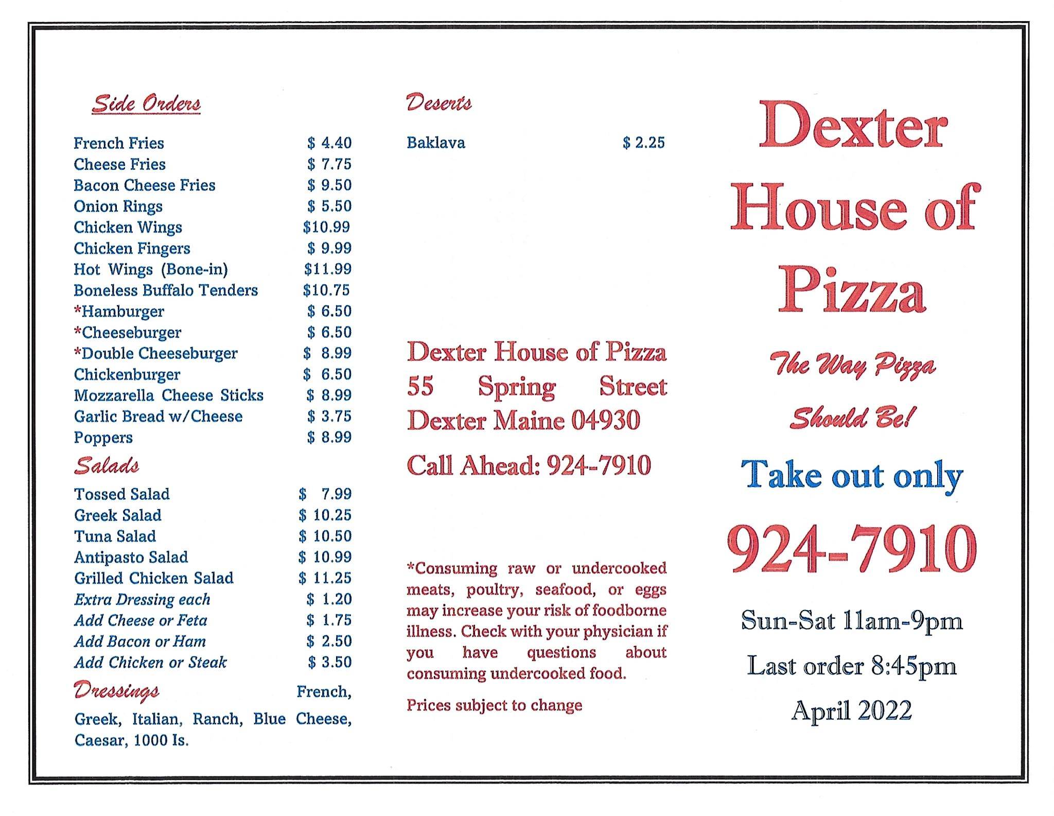 Menu At Dexter House Of Pizza Pizzeria Dexter