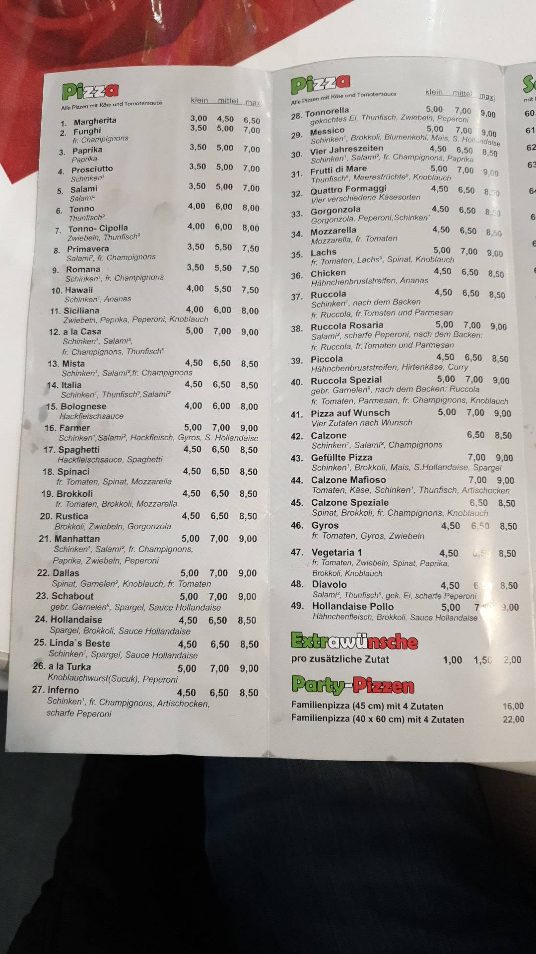 Speisekarte von Pizzeria Italia, Hamm
