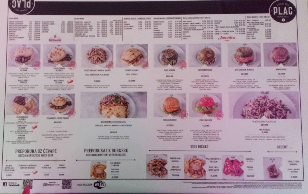 Menu at Plac Kitchen & Grill restaurant, Zagreb, Dolac 2