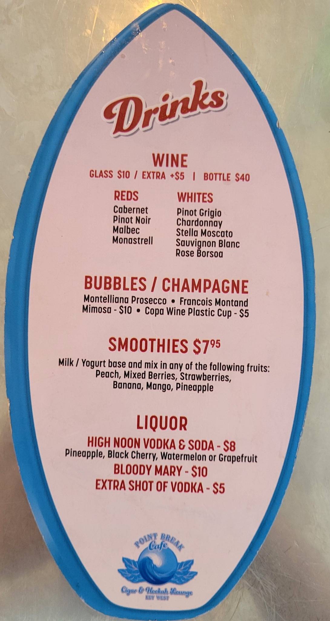 Menu at Point Break Café Key West pub & bar, Key West