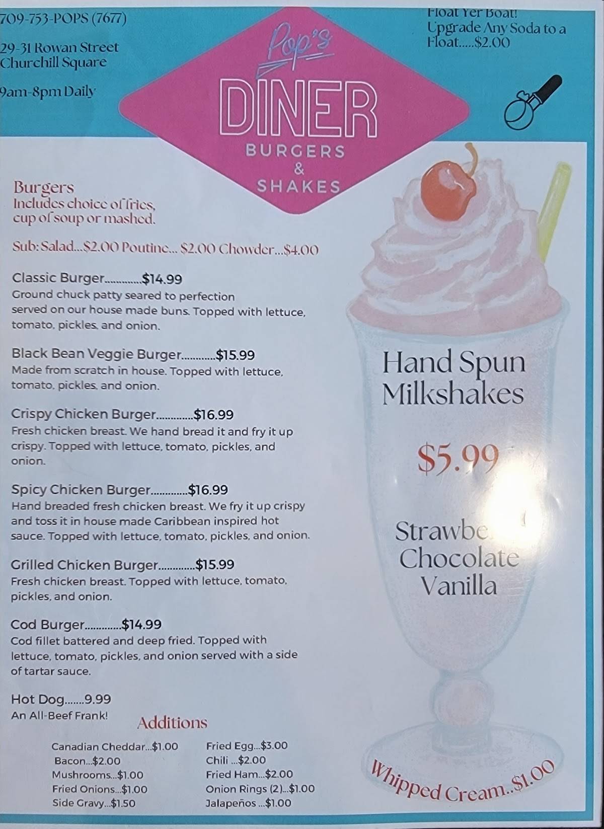 Menu at Pop’s Diner restaurant, St. John's