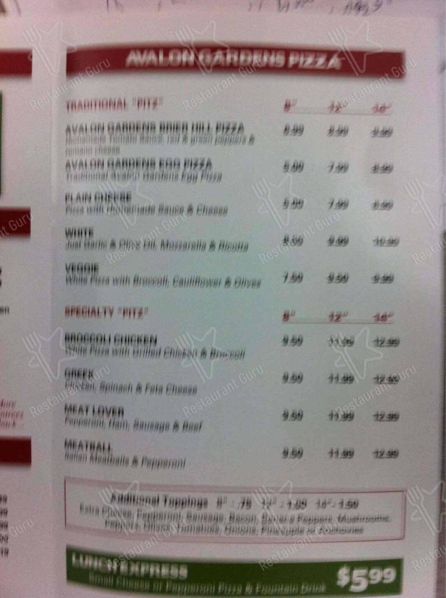 Menu at Avalon Downtown Pizzeria, Youngstown