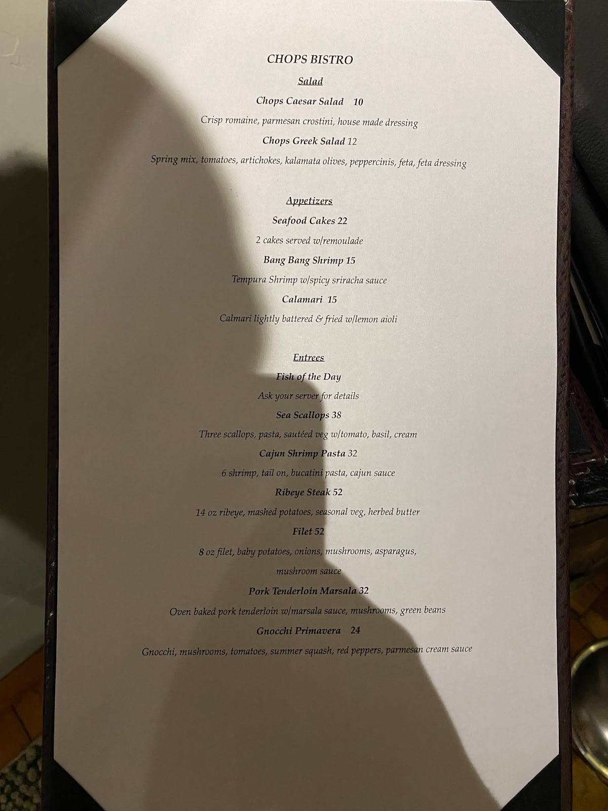 Menu at Chops Bistro pub & bar, Sisters