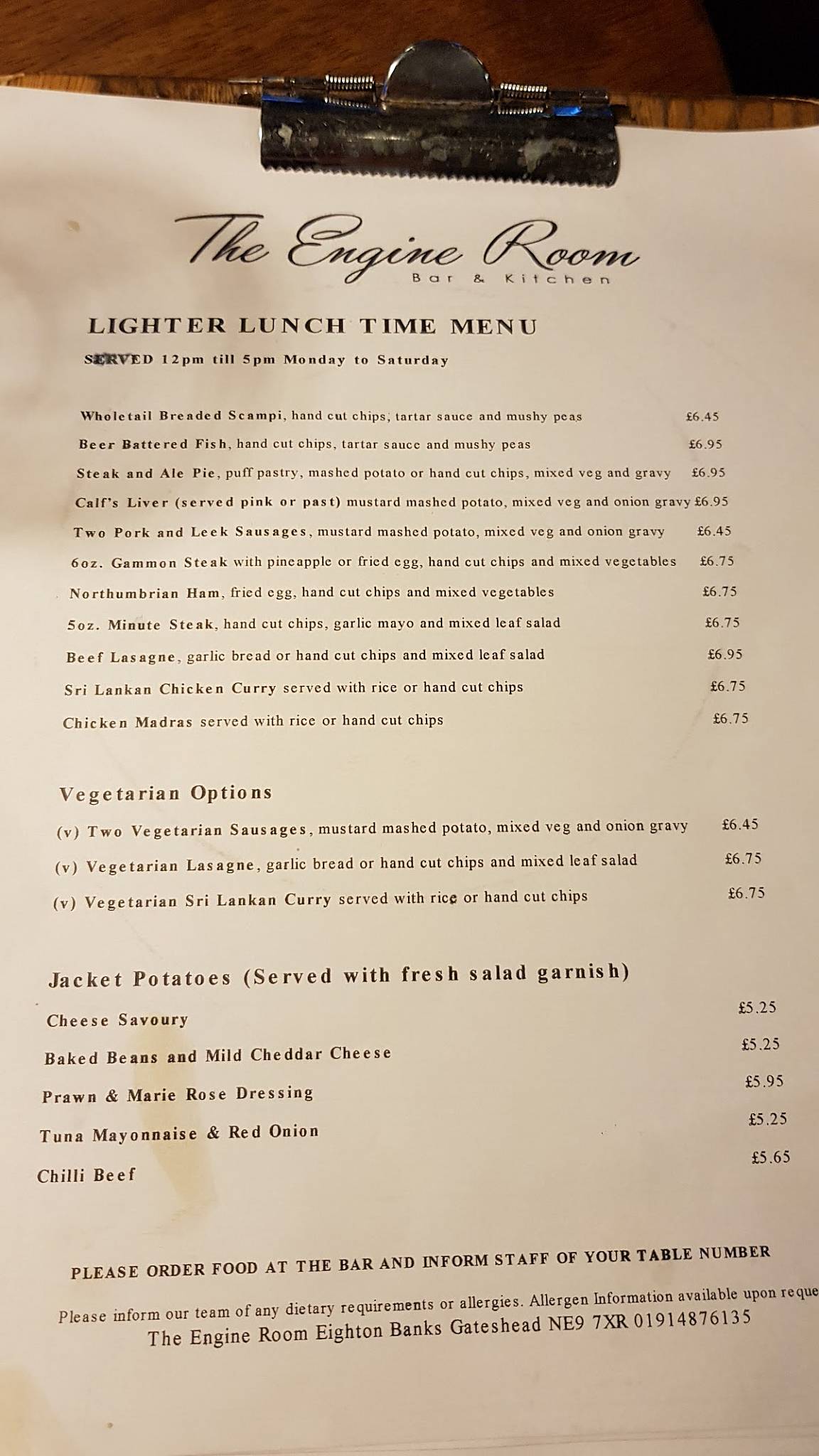 Menu at Engine Room pub & bar, Gateshead