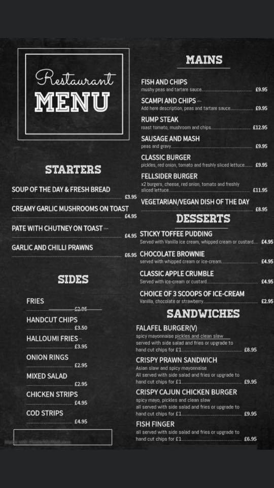 Menu at The Fellsider Bar & Kitchen, Gateshead