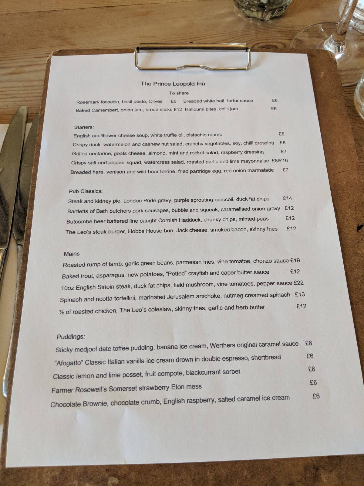 Menu at Prince Leopold Inn pub & bar, Upton Lovell