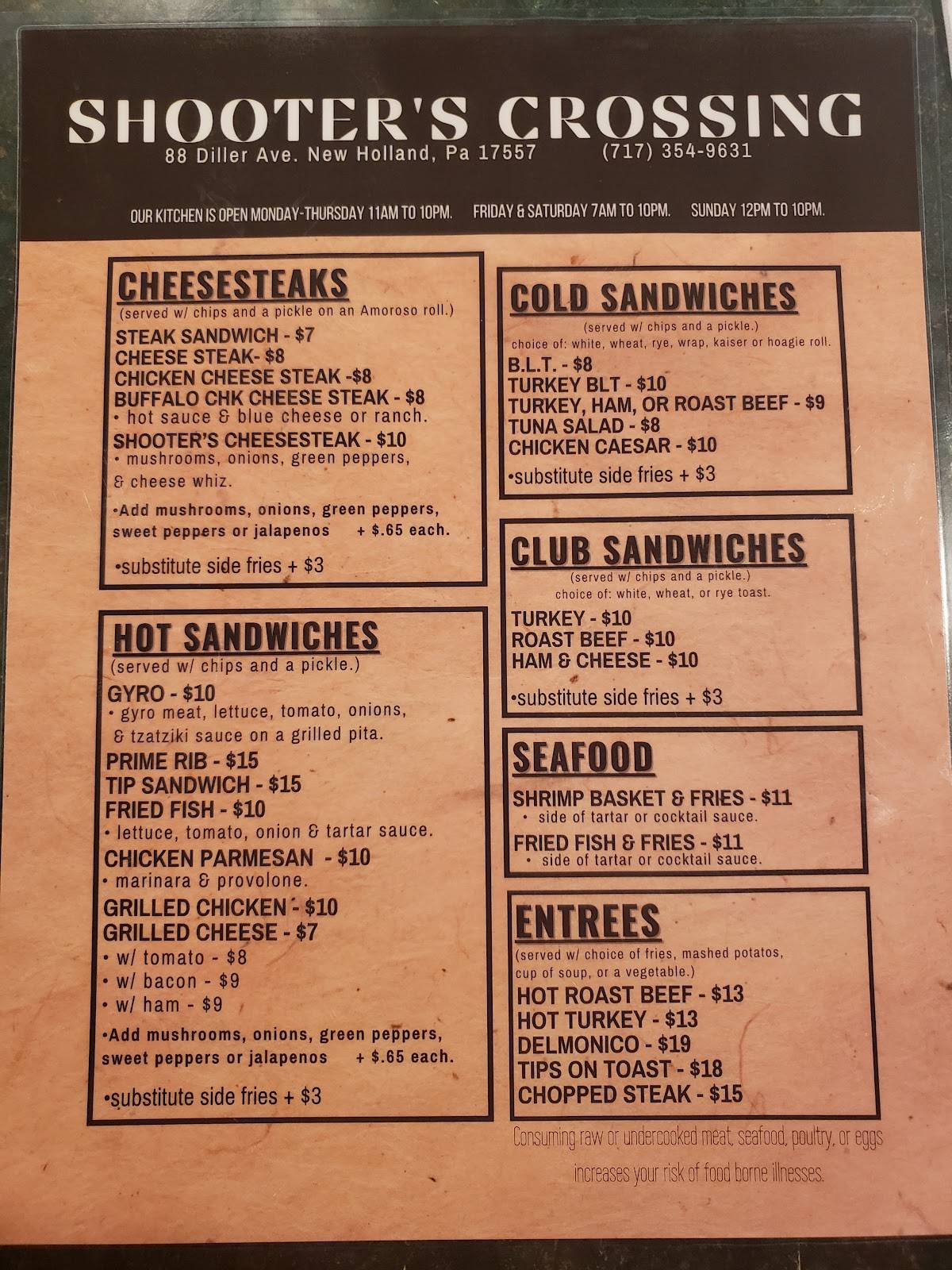 Menu at Shooter's Crossing pub & bar, New Holland