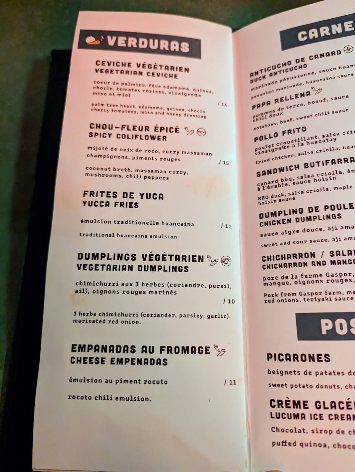 Menu au Tiradito pub et bar, Montréal