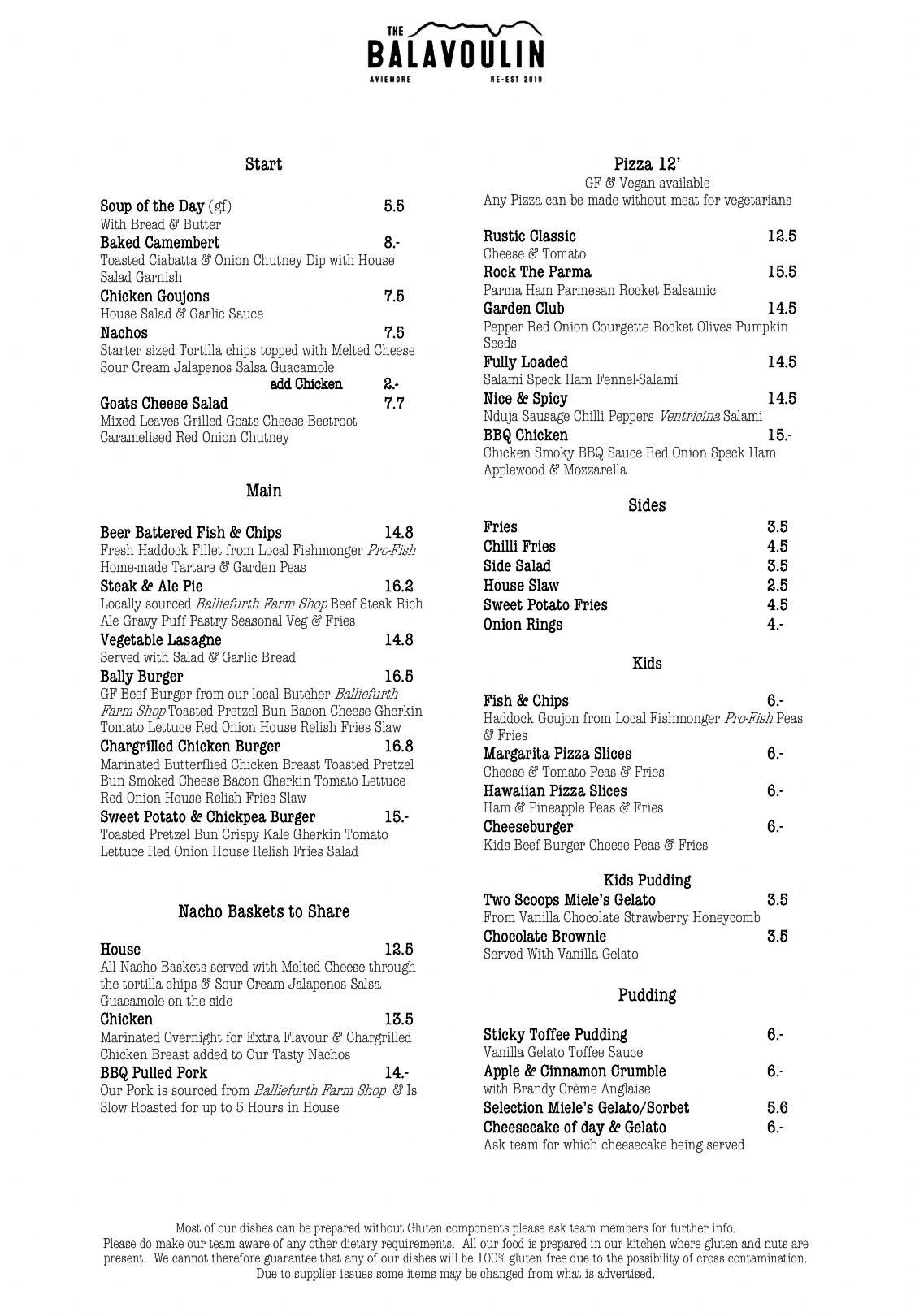 Menu at the Balavoulin pub & bar, Aviemore