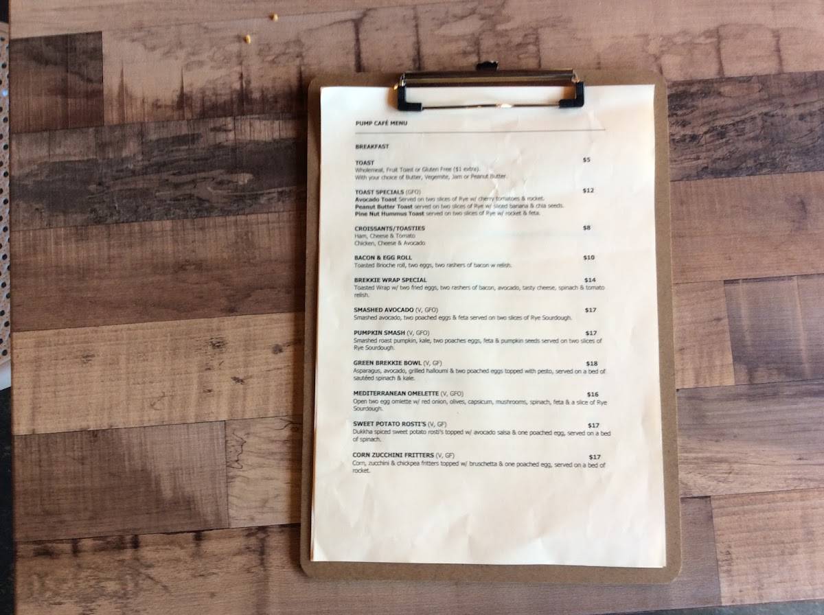 Menu at Pump Cafe, Mooroolbark