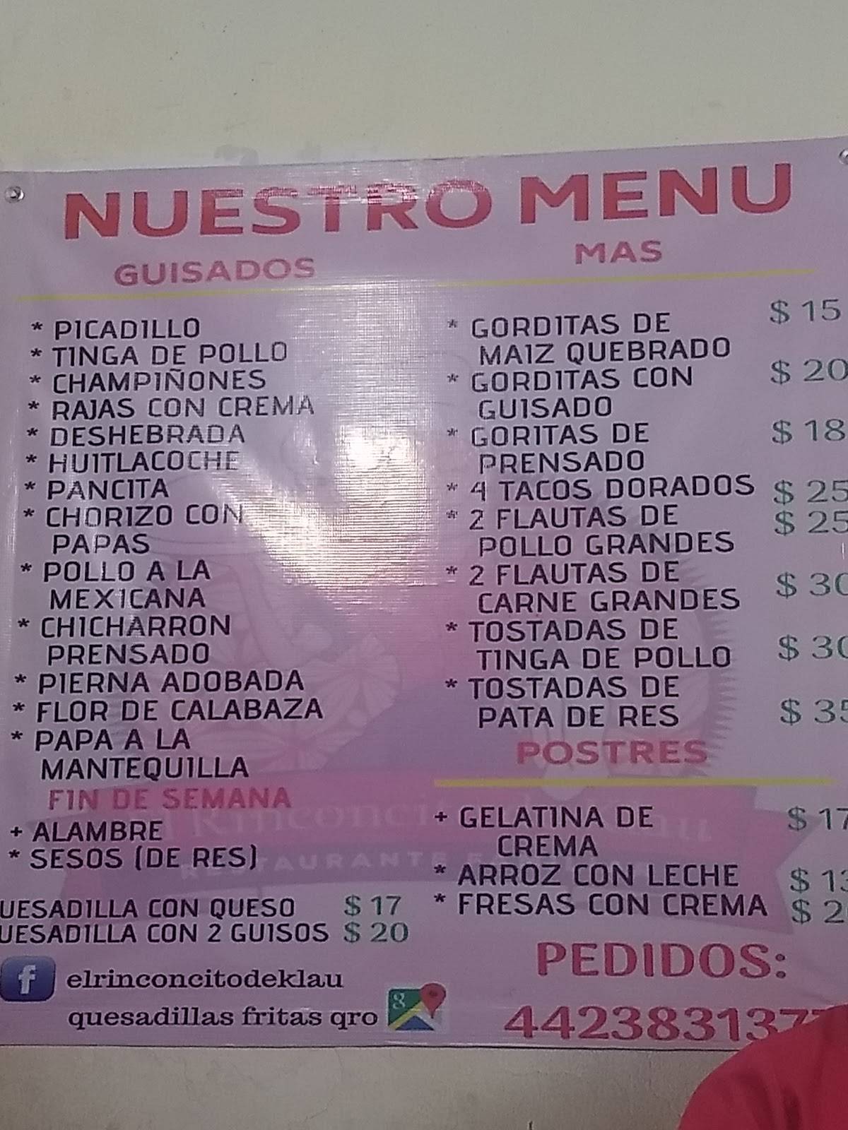 Carta del restaurante Quesadillas Fritas, Huaraches El Rinconcito De