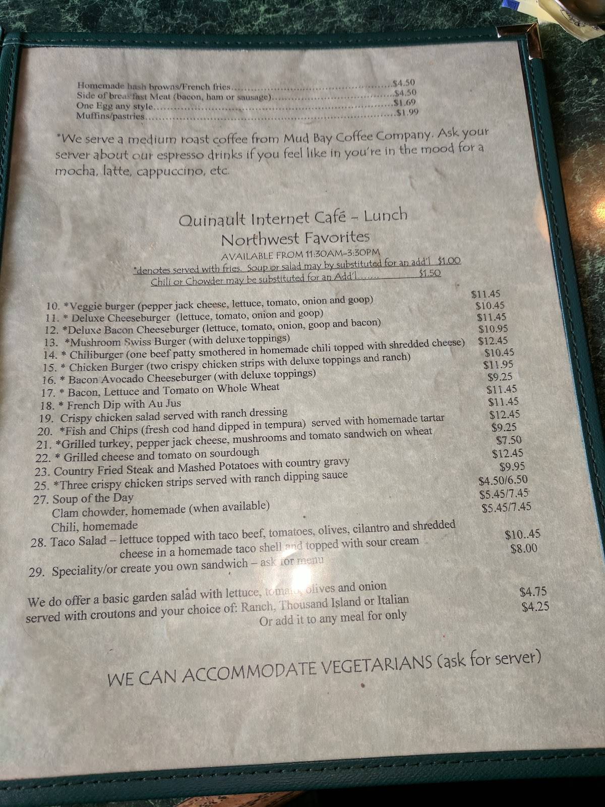 Menu at Quinault Cafe, Amanda Park