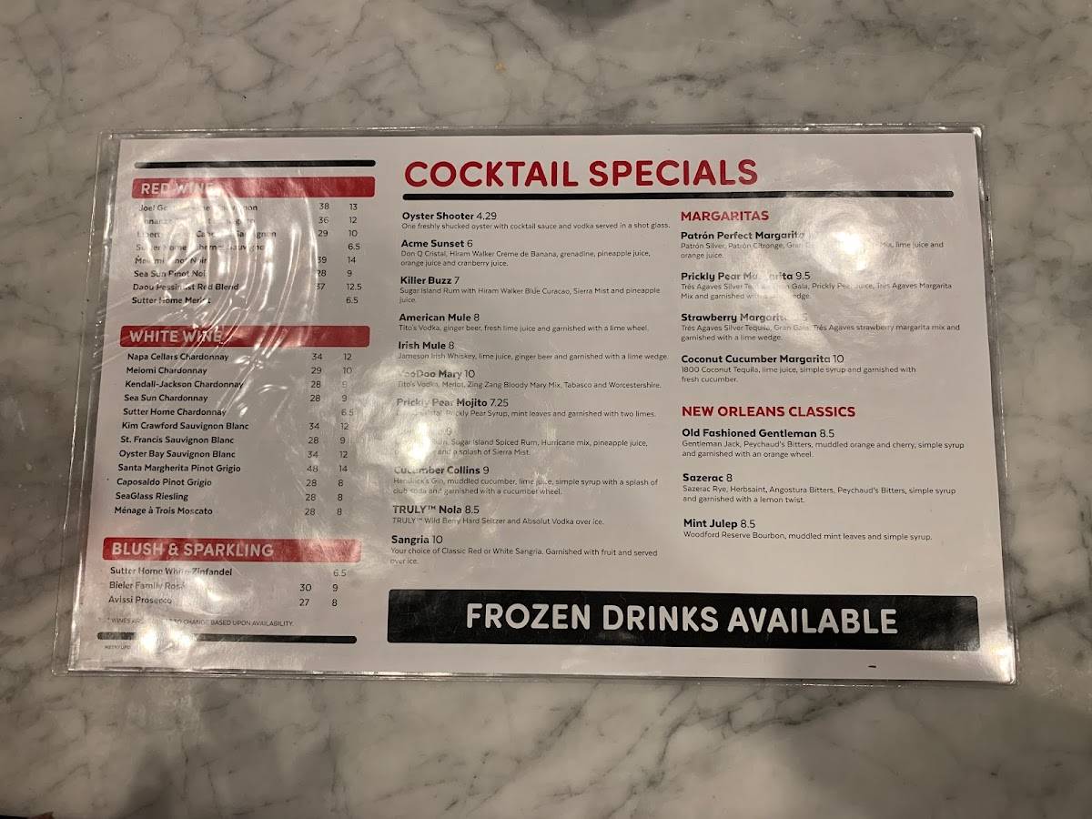 Menu at Acme Oyster House restaurant, Baton Rouge, Perkins Rd