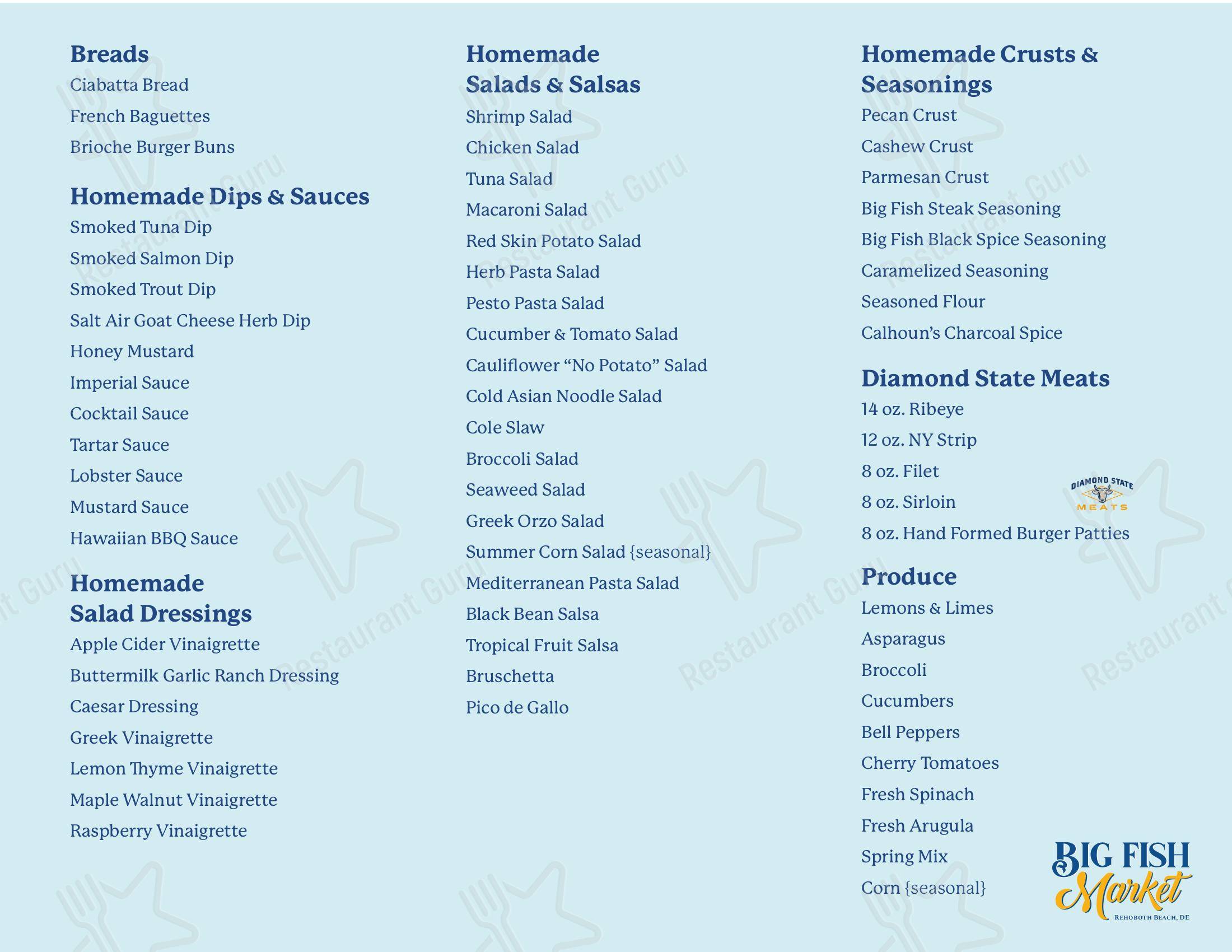 Menu at Big Fish Seafood Market restaurant, Rehoboth Beach, Coastal Hwy