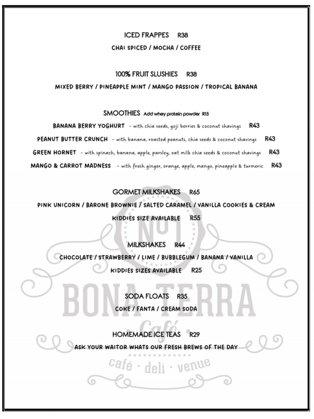 Menu at Bona Terra Cafe, Hillcrest