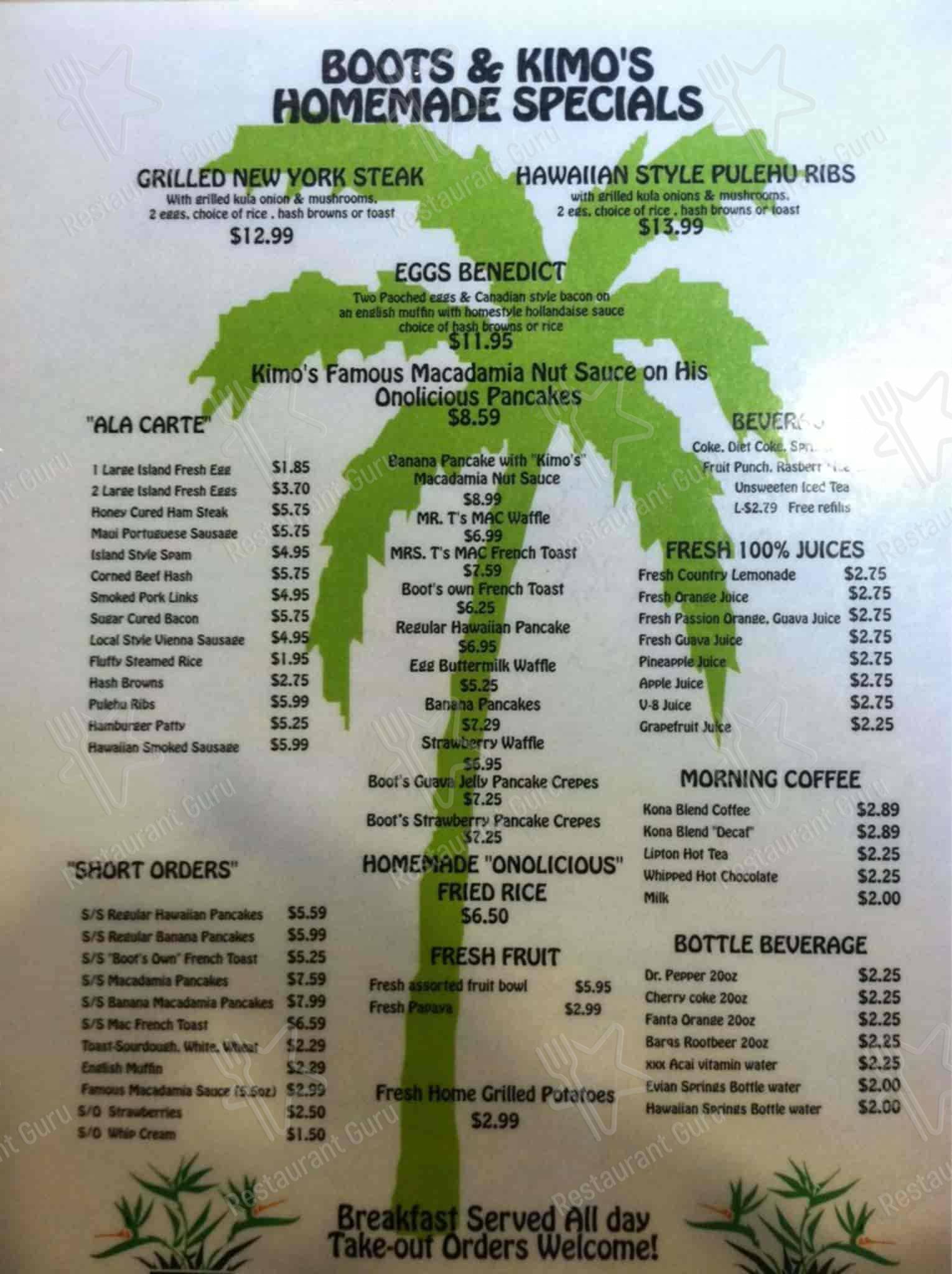Menu at Boots & Kimo's Homestyle Kitchen restaurant, Kailua