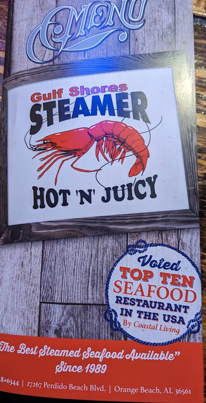 Menu at Gulf Shores Steamer restaurant, Orange Beach