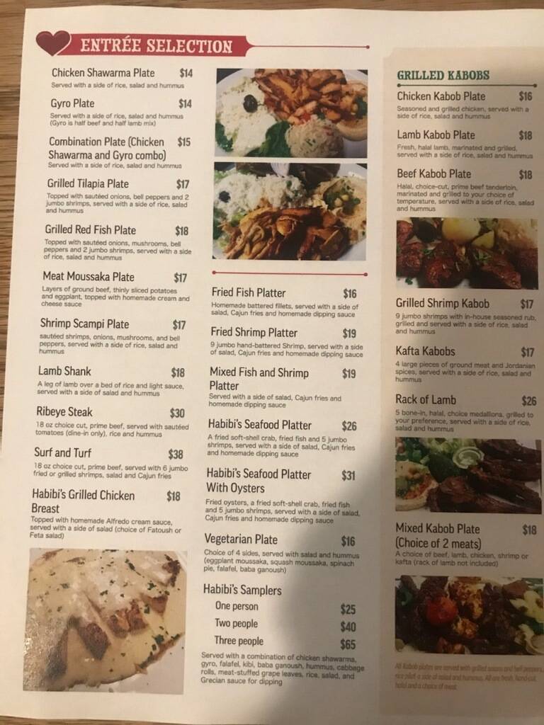 Menu at Habibi's Lebanese Cuisine restaurant, Marksville