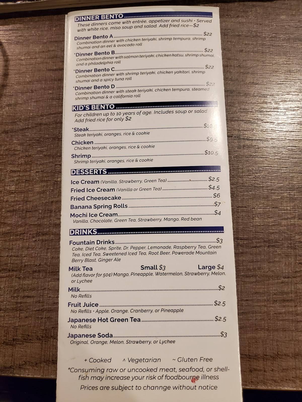 Menu at Hana Tokyo restaurant, Tucson