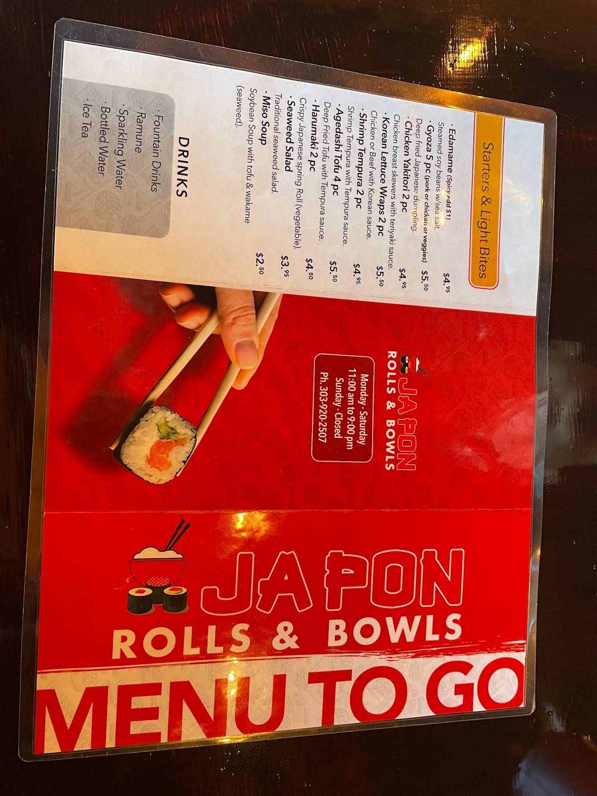 Menu at Japon Rolls & Bowls restaurant, Thornton
