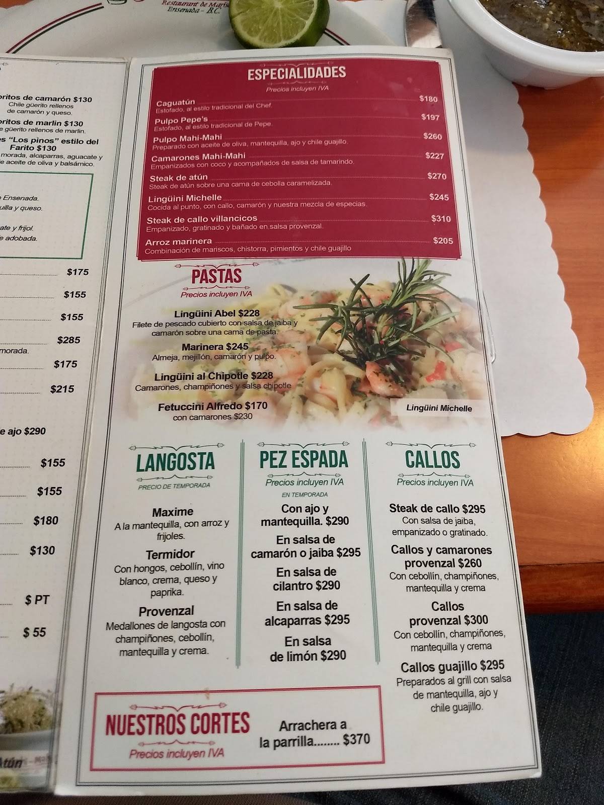 Menu at Mahi Mahi restaurant, Ensenada, P.º Miguel Hidalgo y Costilla 33