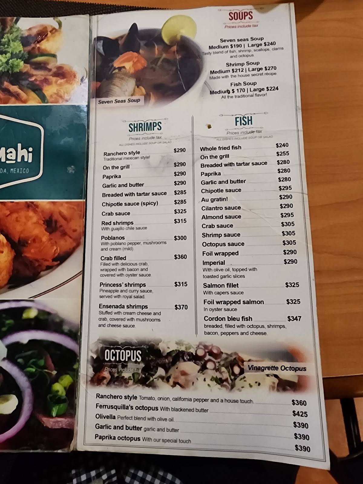 Menu at Mahi Mahi restaurant, Ensenada, P.º Miguel Hidalgo y Costilla 33