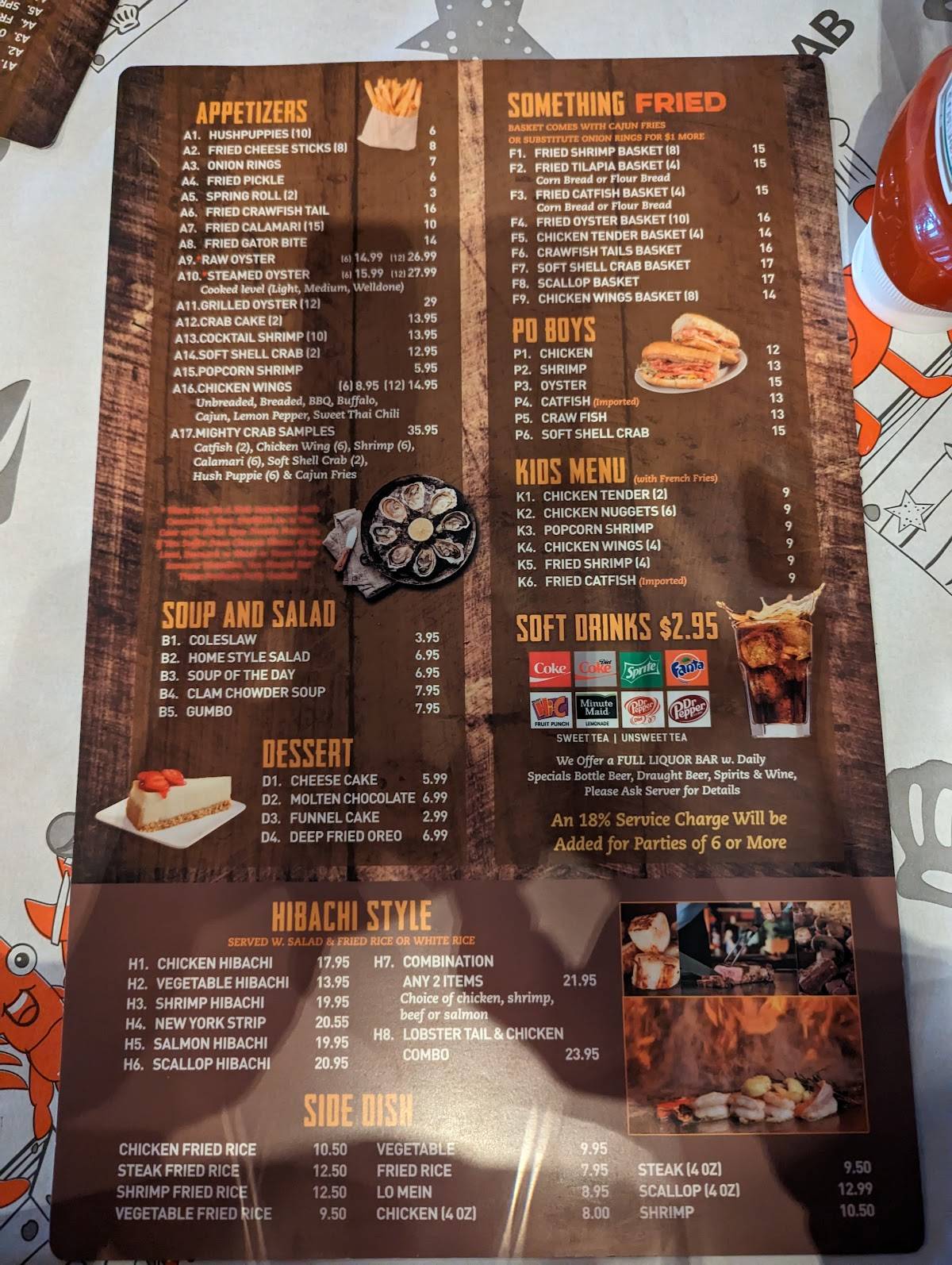 Menu at The Mighty Crab restaurant, Benton