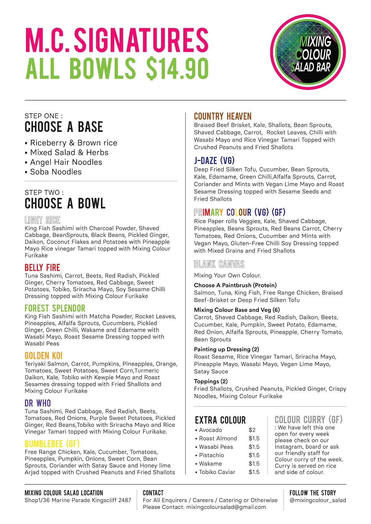 Menu at Mixing Colour Salad Bar, Kingscliff