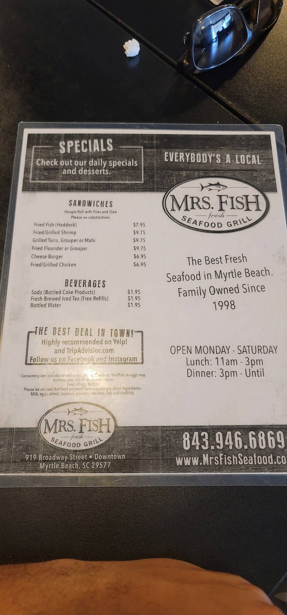 Menu at Mrs Fish Seafood Grill restaurant, Myrtle Beach