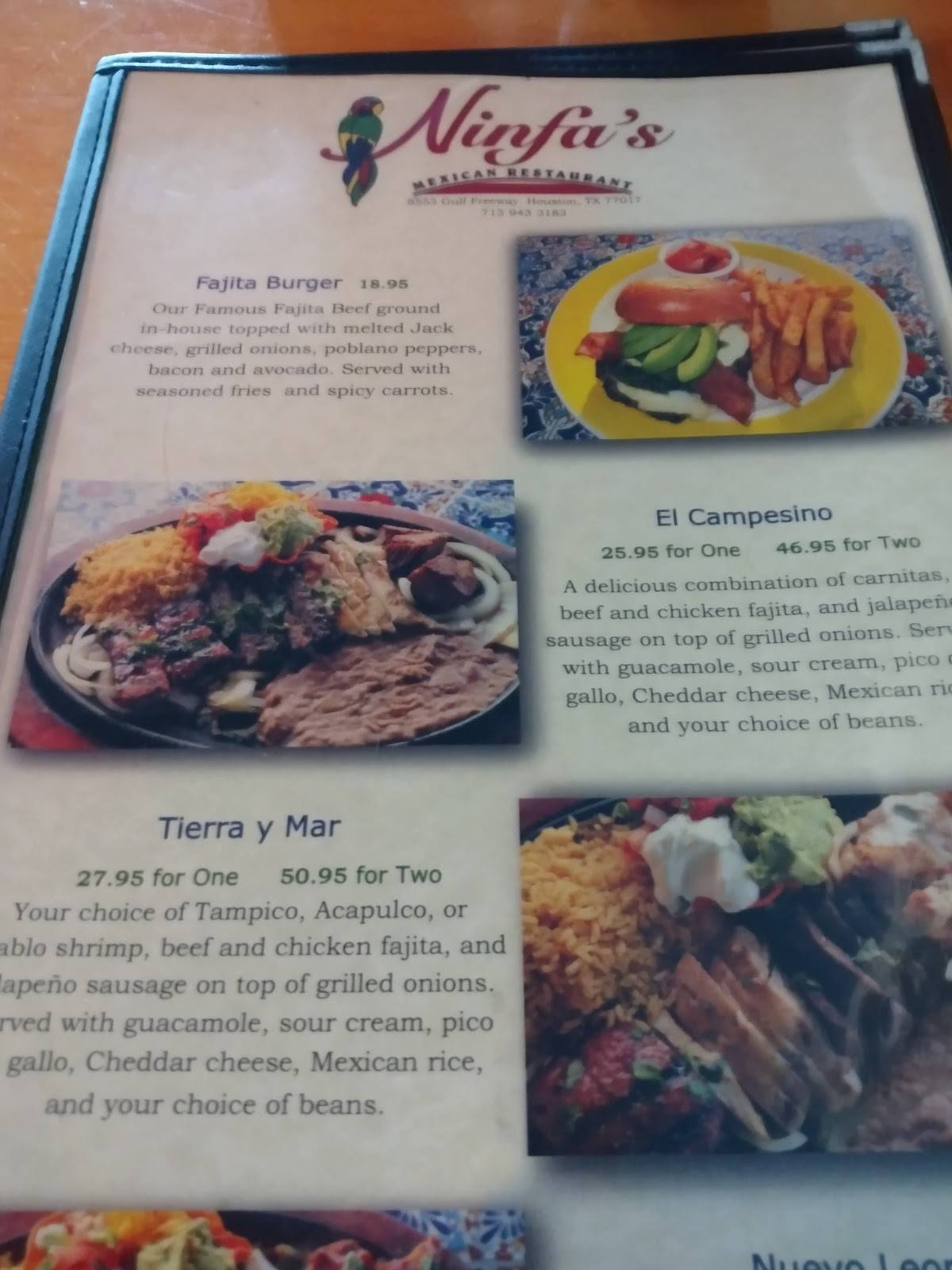 Menu at Ninfa's restaurant, Houston, Gulf Fwy