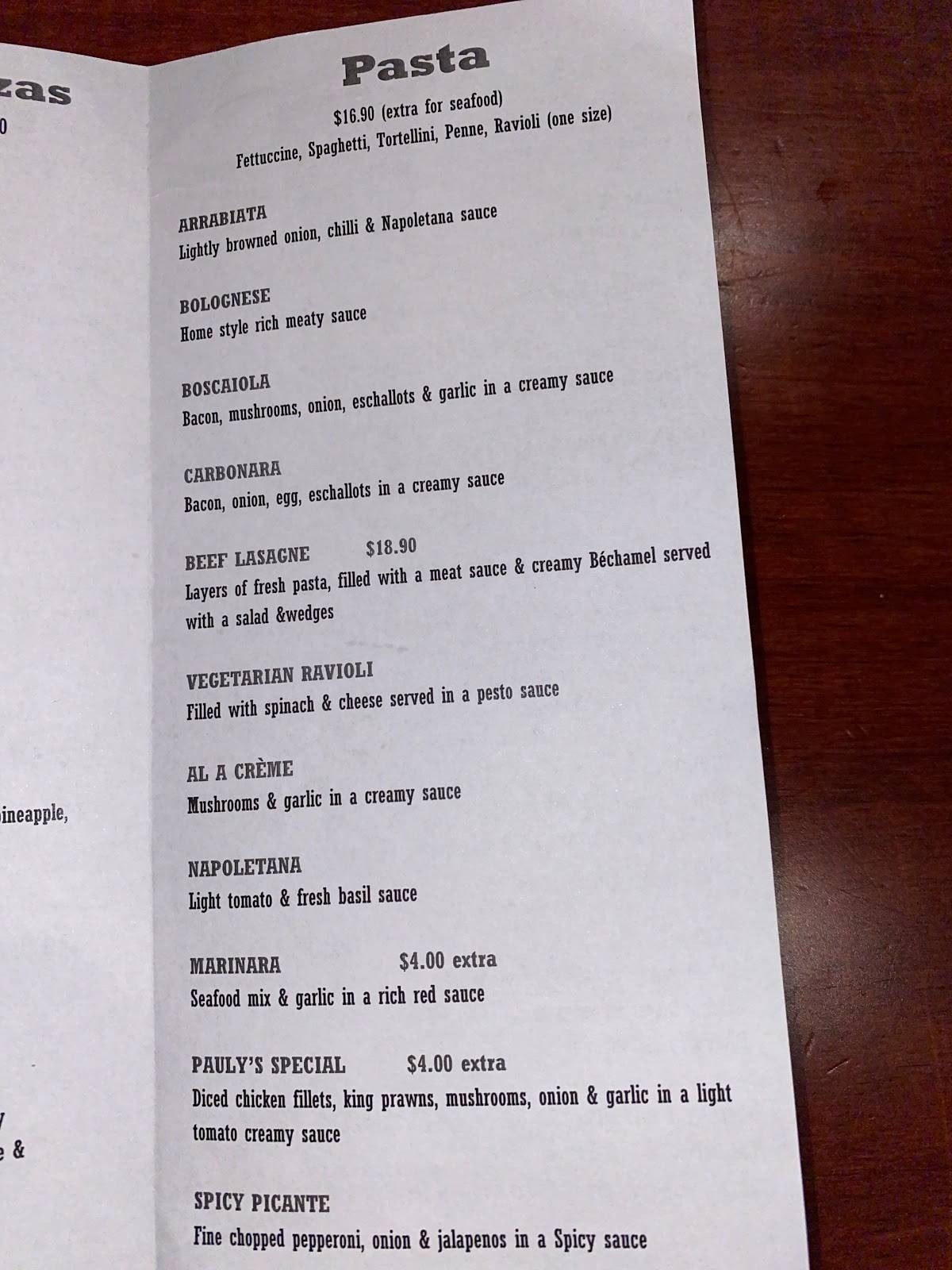 Menu at Pauly's Gourmet Kitchen restaurant, Morisset