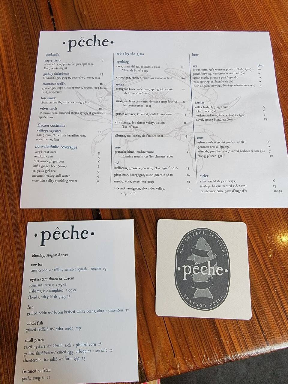 Menu at Pêche Seafood Grill restaurant, New Orleans