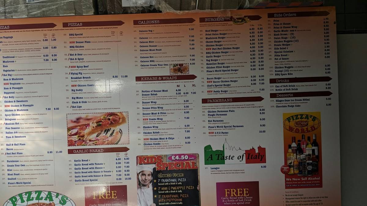 Menu at Pizza’s World restaurant, Sheriff Hutton