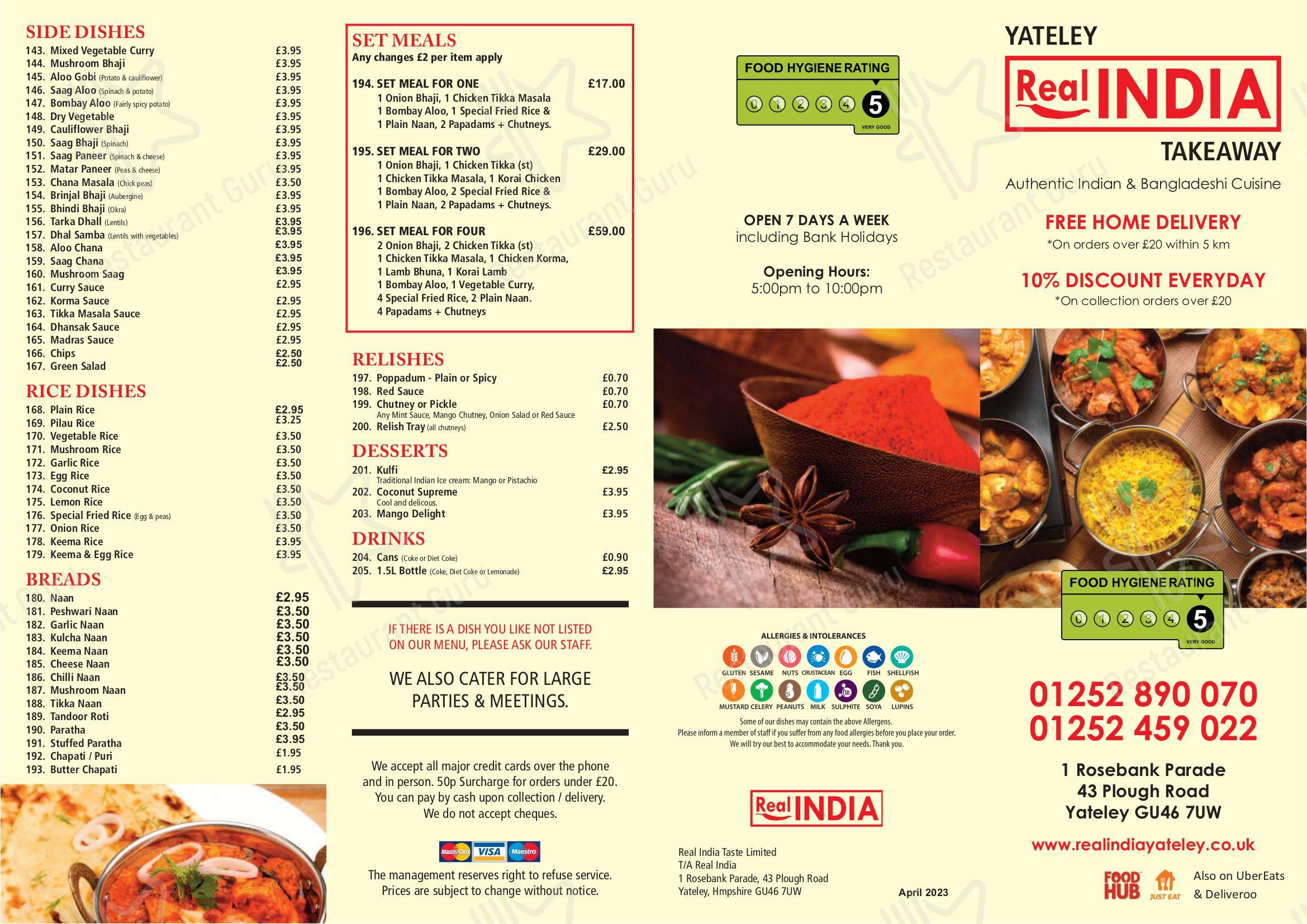 Menu at Real India Yateley restaurant, Yateley, 1