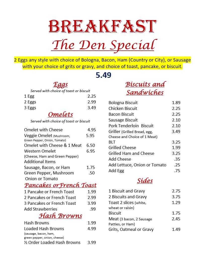 Menu at Sardis Lion's Den restaurant, Boaz