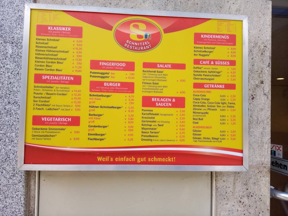 Speisekarte von Schnitzelrestaurant, Tulln an der Donau