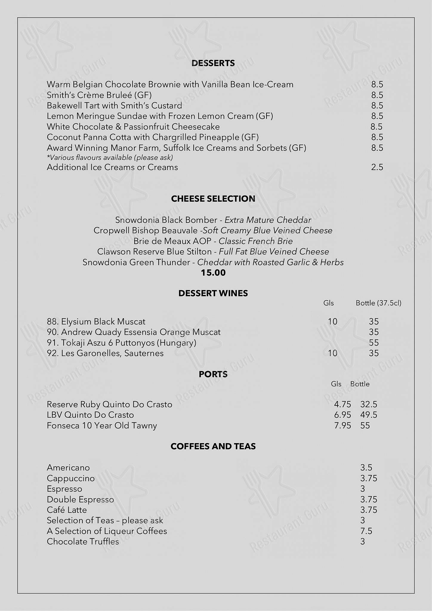 Menu at Smith's of Ongar restaurant, Ongar