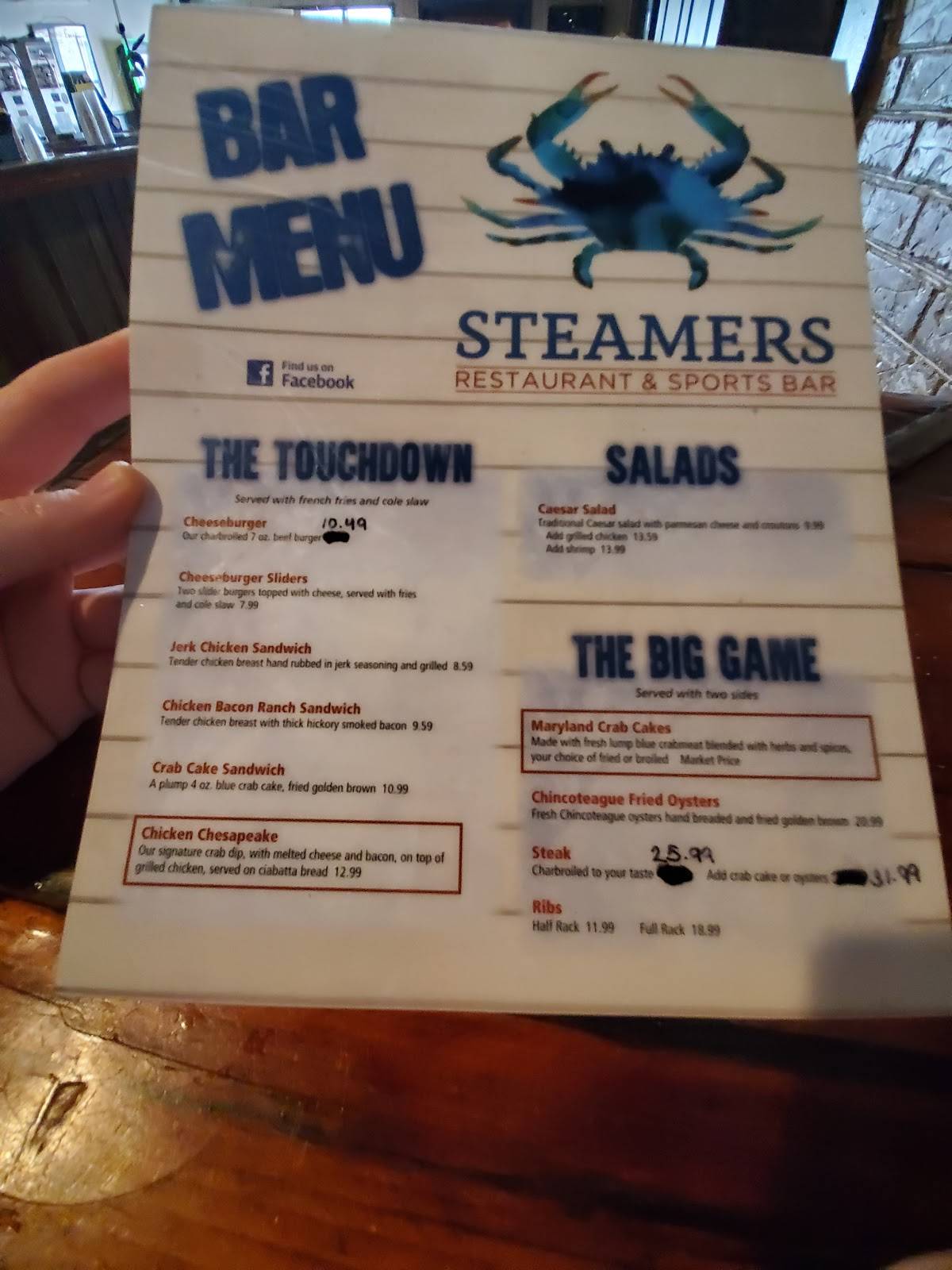 Menu at Steamers Restaurant & Sports Bar, Chincoteague Island