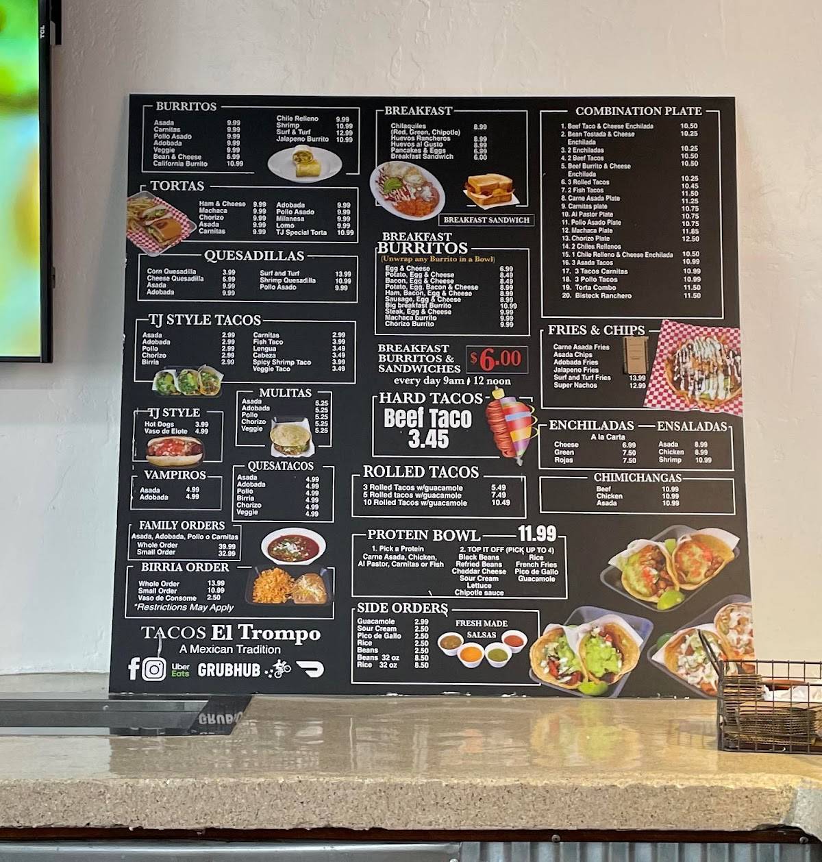 Menu at Tacos el Trompo A Mexican Tradition restaurant, Chula Vista