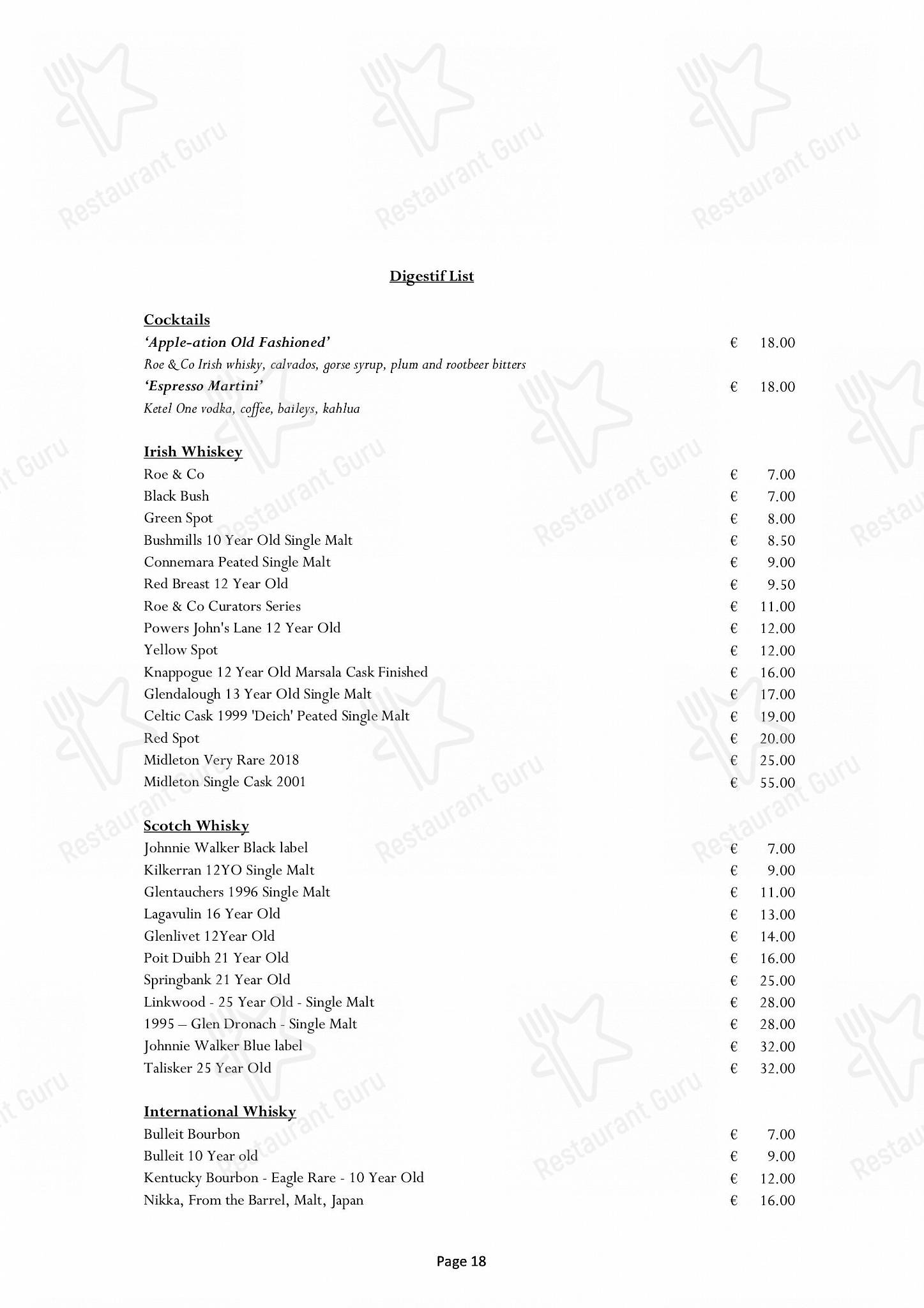 Menu at The Greenhouse restaurant, Dublin