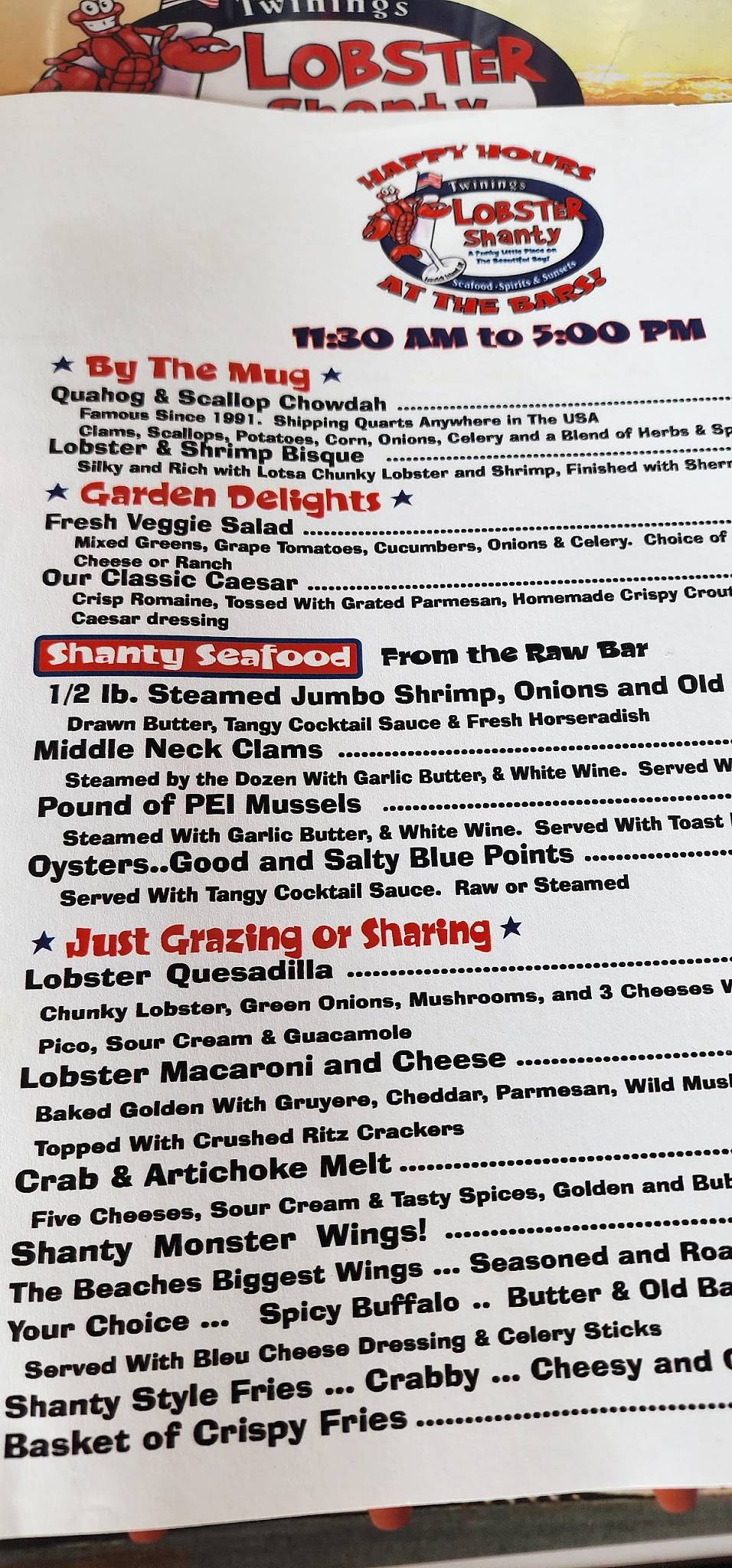 Menu at The Lobster Shanty restaurant, Fenwick Isle