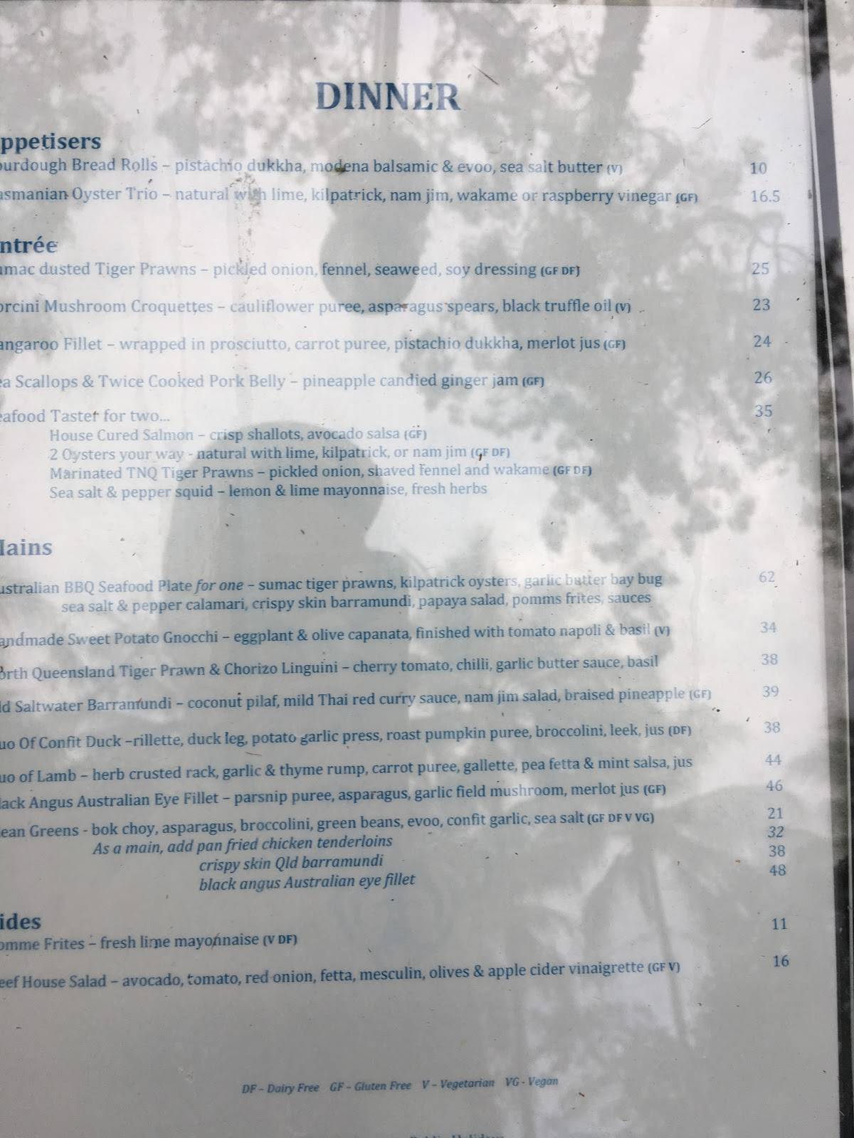 Menu at The Reef House Adults Retreat Palm Cove restaurant, Palm Cove