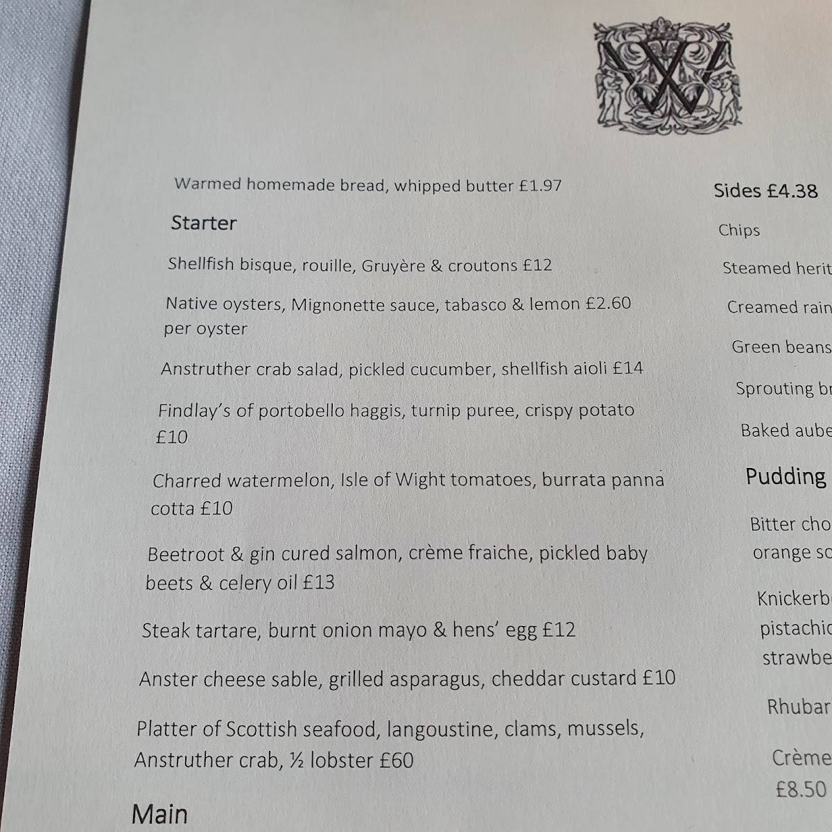 Menu at The Witchery by the Castle restaurant, Edinburgh