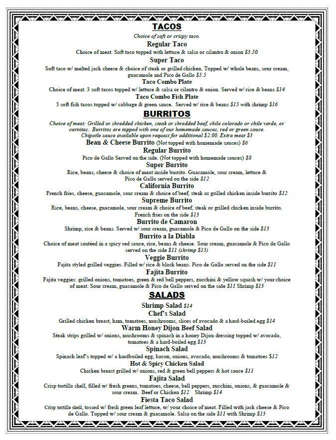 Menu at Tortilla Flats restaurant, Rio Vista