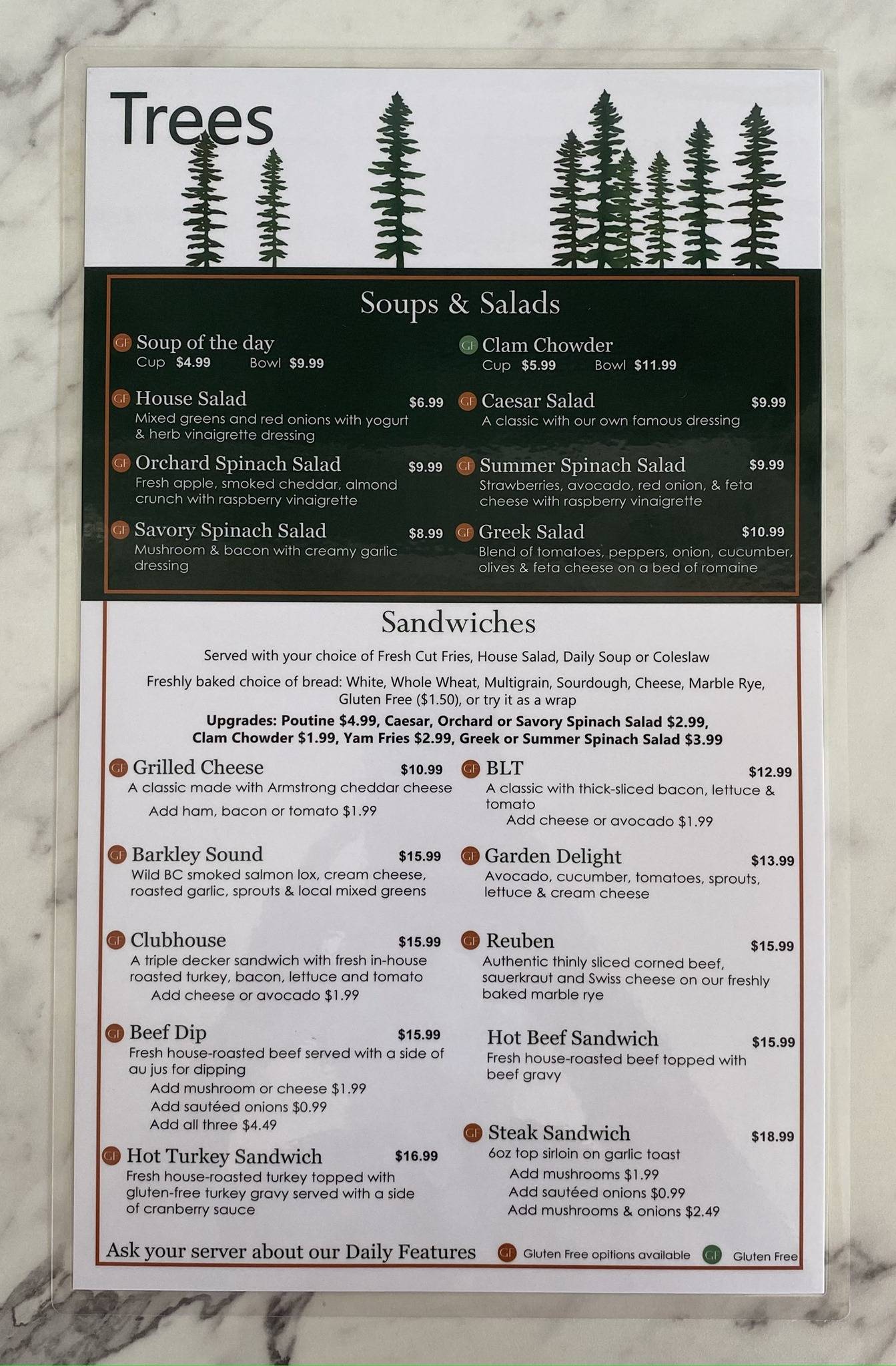 Menu at Trees Restaurant & Bakery, Parksville