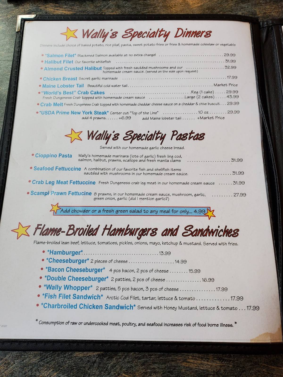 Menu at Wally's Chowder House Broiler restaurant, Des Moines