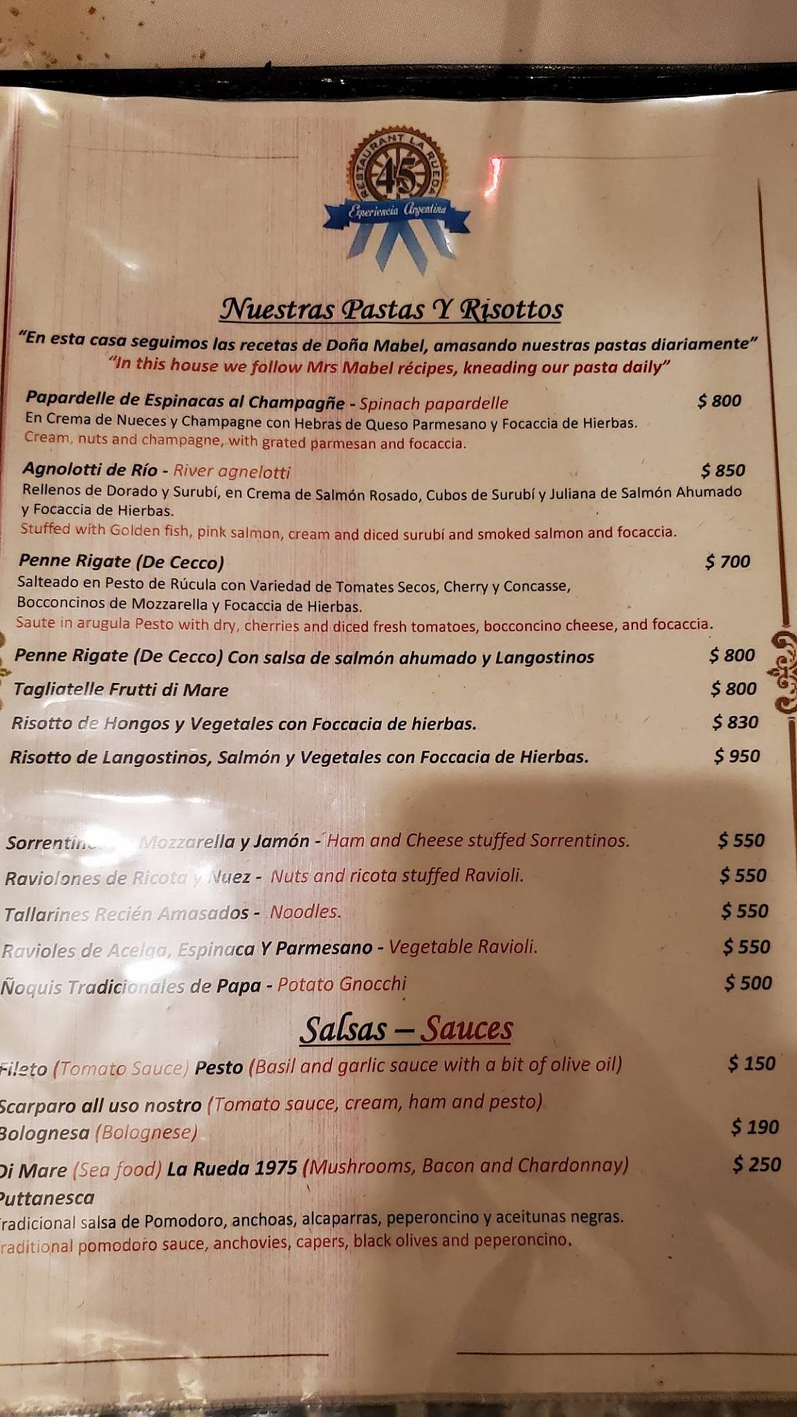 Carta de La Rueda 1975 Restaurante, Puerto Iguazú