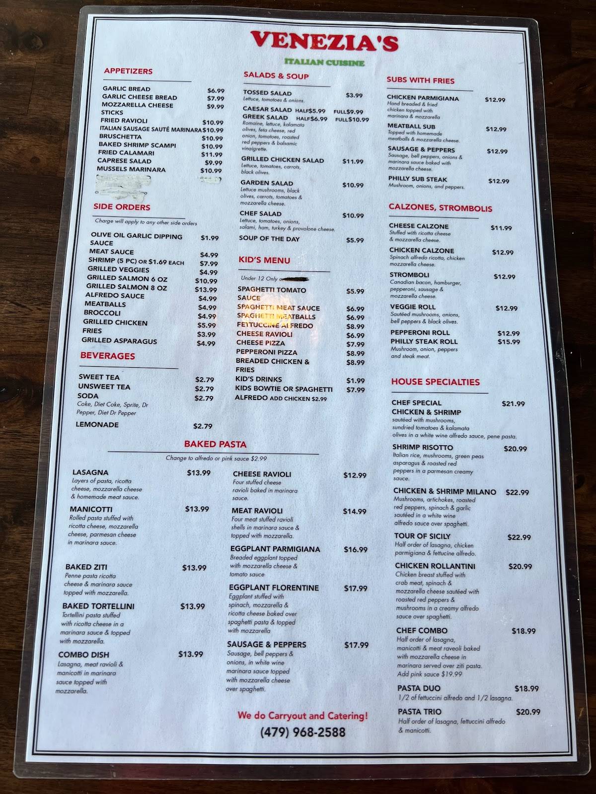 Menu at Venezia's Pizza & Pasta restaurant, Russellville