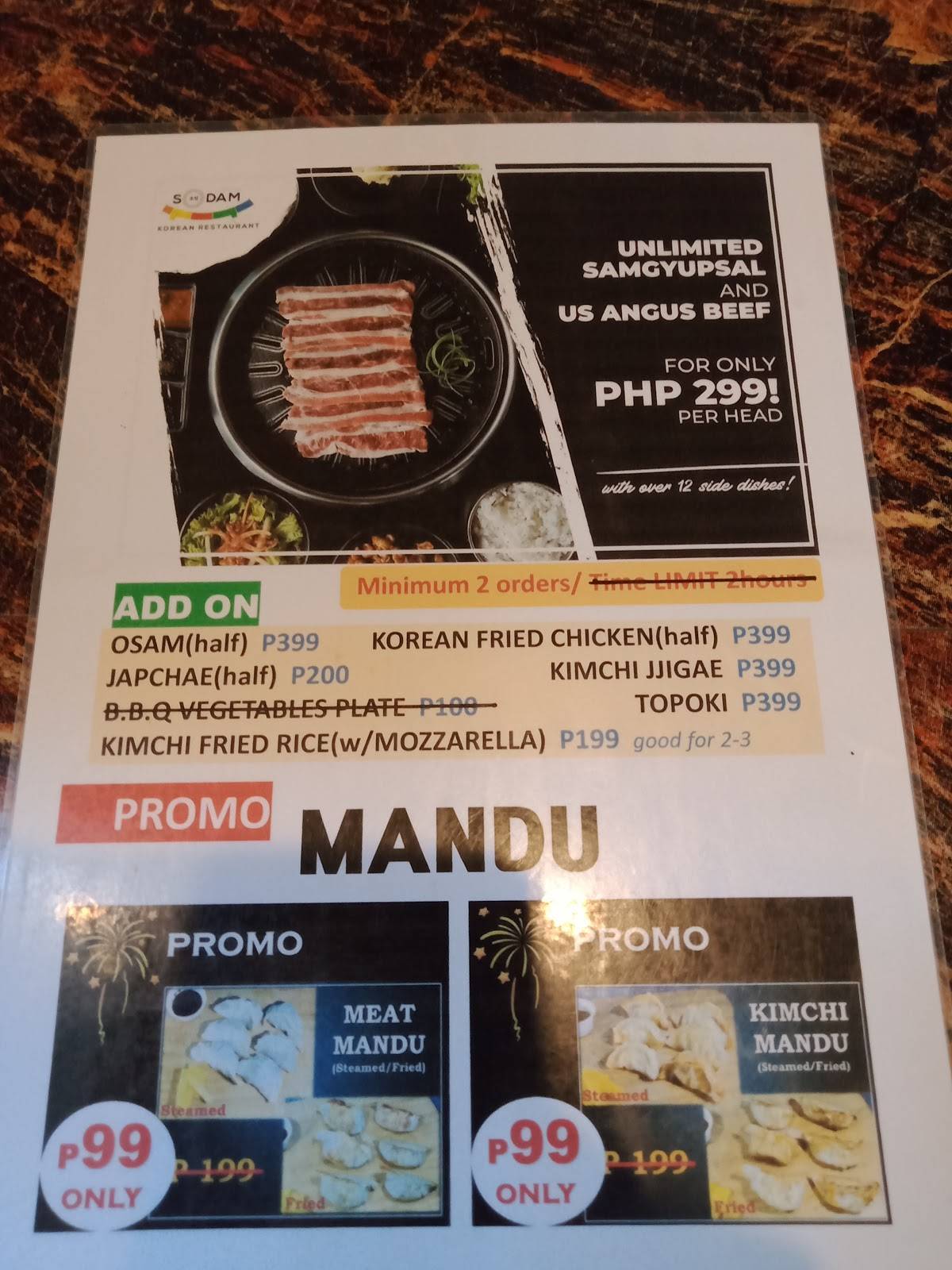 Menu at SODAM restaurant, Bacolod, Lacson St