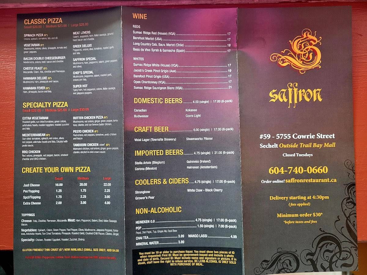 Menu at Saffron Restaurant, Sechelt